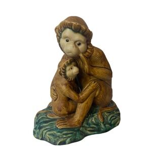 Vintage Capuchin Monkey and Baby Figurine Statue Art Pottery Majolica 10x10"